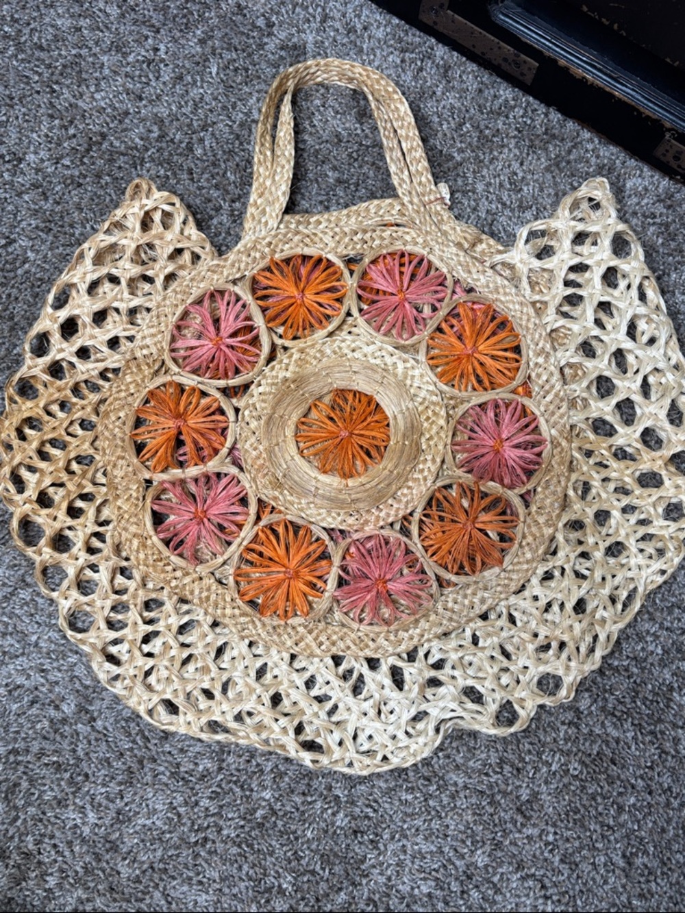 Vintage handcrafted Boho style straw beach tote bag woven flower design
